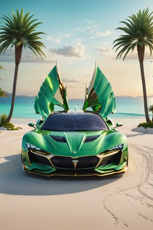 High definition photorealistic render of a neon green luxury super car, located on a luxury beach, with sea, sand, palm trees and sculptures, and a mystical and enigmatic place. In the background, a parametric sculpture emerges adorned with dragon wings, made of metal, marble and iridescent glass, embellished with precious diamonds. Symmetrical curves resembling a dragon's wings adorn a black and white marble background, accented with gold accents and chaotic Swarovski elements, inspired by the style of Zaha Hadid and exhibiting golden iridescence. The design is reminiscent of Tomorrowland 2022's main stage, incorporating ultra-realistic Art Deco elements and a high level of image complexity.