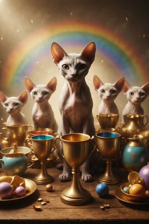 Create a scene of a Sphynx cat with its family, under a rainbow of ten 10 10 ten 10  trophy golden cups, symbolizing family happiness, harmony, and emotional fulfillment.