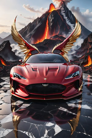 High definition photorealistic render of a red, vinmotinto and white luxury super car, located near a giant erupting volcano with lava and rocks on the floor and a mystical and enigmatic place. In the background, a parametric sculpture emerges adorned with dragon wings, made of metal, marble and iridescent glass, embellished with precious diamonds. Symmetrical curves resembling a dragon's wings adorn a black and white marble background, accented with gold accents and chaotic Swarovski elements, inspired by the style of Zaha Hadid and exhibiting golden iridescence. The design is reminiscent of Tomorrowland 2022's main stage, incorporating ultra-realistic Art Deco elements and a high level of image complexity.