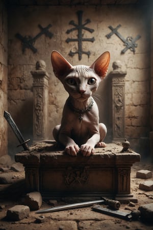 Create a scene of a Sphynx cat lying on a sarcophagus, with four crossed swords on the wall and a sword under it.