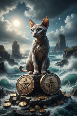 Design a scene of a Sphynx cat balancing two large coins engraved with pentacles, with a rough sea behind