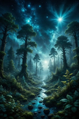 Design a scene of a nighttime forest where plants and trees emit a bluish and greenish glow, creating a surreal and fantastical landscape. In the background, stars shine in a dark sky speckled with nebulas and constellations. Use a palette of cool and bright colors to highlight the mysterious and dreamlike atmosphere of the bioluminescent forest.