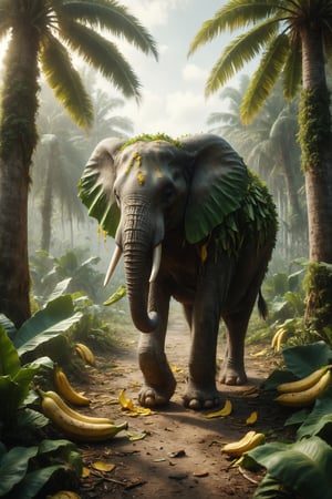 Design a scene of an elephant with ears shaped like banana leaves and a body covered in banana peels. The elephant walks through a savannah filled with banana trees and other tropical fruits. Use yellow and green colors to highlight the uniqueness and tropical character of the banana-elephant.