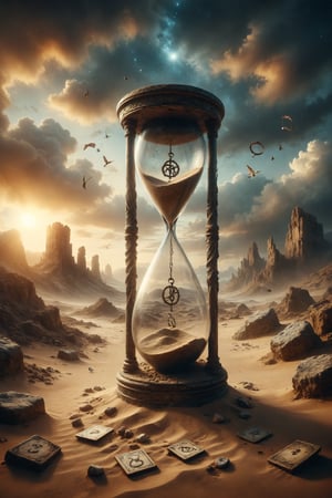 A giant hourglass hangs in the air above a surreal landscape, with tarot symbols swirling inside it as time fades away in a whirl of sand, symbolizing the transience of life and the eternity of the spirit.