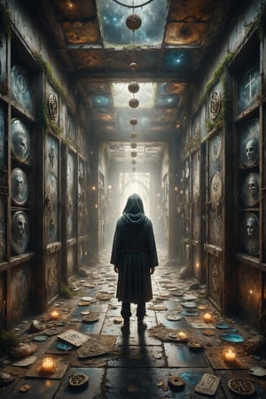 A labyrinth of mirrors reflects a series of floating doors, each adorned with a tarot symbol, while a masked figure moves among them, seeking truth behind the illusions, representing the inner journey and the quest for wisdom.