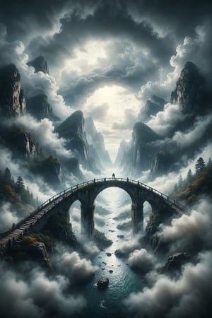 An arched bridge connecting two mountain peaks floating in the clouds, defying gravity and uniting two worlds in an ethereal embrace that transcends reality.