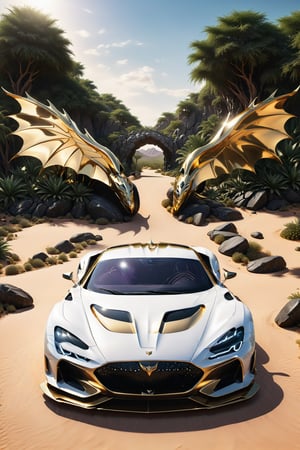 High definition photorealistic render of a front view of a  luxury super car located in a desert full of jungle, vines, giant trees and many rocks and a mystical and enigmatic desert place, The car must be in front view, looking straight ahead. In the background, a parametric sculpture emerges adorned with dragon wings, made of metal, marble and iridescent glass, embellished with precious diamonds. Symmetrical curves resembling a dragon's wings adorn a black and white marble background, accented with gold accents and chaotic Swarovski elements, inspired by the style of Zaha Hadid and exhibiting golden iridescence. The design is reminiscent of Tomorrowland 2022's main stage, incorporating ultra-realistic Art Deco elements and a high level of image complexity.