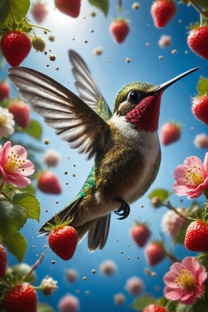 Generate an image of a hummingbird with strawberry petal wings, its body covered in tiny seeds, and its beak resembling a strawberry leaf. The hummingbird flies over a garden filled with flowers and fruits, with a background of clear blue sky. Use vivid and bright colors to highlight the freshness and delicacy of the hybrid.