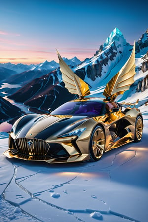 High definition photorealistic render of a luxury super car in yacht very sculptural, in the mountains snow and aurora bolealis nigth, ice efects, with fluid and organic shapes, with a background where a parametric sculpture with dragon wings appears, in metal, marble and iridescent glass, with precious diamonds, with symmetrical curves in the shape of dragon wings in marble background black & white details gold, chaotic swarowski, inspired by the style of Zaha Hadid, gold iridescence, with black and white details. The design is inspired by the Tomorrowland 2022 main stage, with ultra-realistic Art Deco details and a high level of image complexity iridescence.
