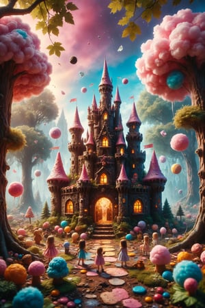 Generate an image of a candy castle in an enchanted forest. The castle is made of chocolate, lollipops, and cookies, and is surrounded by trees with cotton candy leaves. A group of happy children plays around, picking candies from the ground. Use vibrant and cheerful colors to highlight the fantasy and joy of the scene.