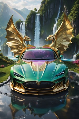 High-definition photorealistic render of an iridescent, multicolored luxury super car, located on a green mountain with fantasy waterfalls and a rainbow in the sky, and a mystical and enigmatic place. In the background, a parametric sculpture emerges adorned with dragon wings, made of metal, marble and iridescent glass, embellished with precious diamonds. Symmetrical curves resembling a dragon's wings adorn a black and white marble background, accented with gold accents and chaotic Swarovski elements, inspired by the style of Zaha Hadid and exhibiting golden iridescence. The design is reminiscent of Tomorrowland 2022's main stage, incorporating ultra-realistic Art Deco elements and a high level of image complexity.