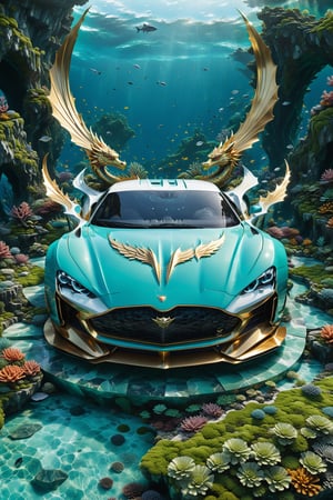 High definition photorealistic render of a turquoise blue, dark green and white luxury super car, located at the bottom of the enigmatic sea with fish, corals and sunken mythological constructions, with moss and a mystical and enigmatic place. In the background, a parametric sculpture emerges adorned with dragon wings, made of metal, marble and iridescent glass, embellished with precious diamonds. Symmetrical curves resembling a dragon's wings adorn a black and white marble background, accented with gold accents and chaotic Swarovski elements, inspired by the style of Zaha Hadid and exhibiting golden iridescence. The design is reminiscent of Tomorrowland 2022's main stage, incorporating ultra-realistic Art Deco elements and a high level of image complexity.