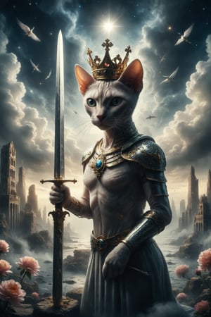 Create an image inspired by the Ace of Swords tarot card. In the scene, depict a majestic sword standing upright, with a crown placed delicately on its tip. The sword should radiate a sense of power and clarity. Nearby, have a regal Sphynx cat, hairless and with striking features, gazing intently at the sword. The cat's expression should convey wisdom and contemplation. The background should be mystical and ethereal, with subtle hints of clouds or celestial elements to enhance the tarot theme.

