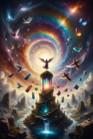 A spiral rainbow rises from a crystal prism, with tarot symbols shining in each color, while a winged figure flies towards the horizon, representing the union of opposites and the harmony of the universe.