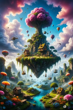 Design a scene of a floating island in the sky, full of games and adventures for children. The island has giant slides, swings hanging from clouds, and magical gardens where the flowers sing. Children explore the island, finding hidden treasures and making new friends. Use vivid colors and imaginative details to capture the wonder and joy of the floating island.