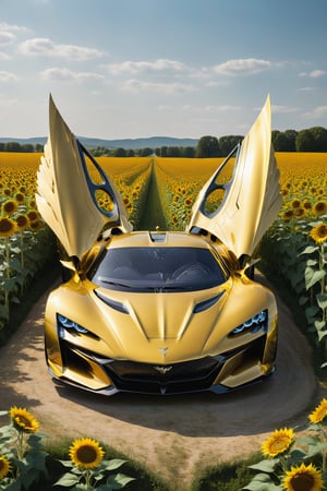 High definition photorealistic render of a yellow luxury super car, located in a field of sunflowers and a mystical and enigmatic place. In the background, a parametric sculpture emerges adorned with dragon wings, made of metal, marble and iridescent glass, embellished with precious diamonds. Symmetrical curves resembling a dragon's wings adorn a black and white marble background, accented with gold accents and chaotic Swarovski elements, inspired by the style of Zaha Hadid and exhibiting golden iridescence. The design is reminiscent of Tomorrowland 2022's main stage, incorporating ultra-realistic Art Deco elements and a high level of image complexity.