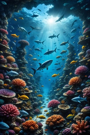 reate an illustration of an underwater coral reef, where corals form a colorful maze that hosts a variety of marine life. In the background, sharks patrol the waters while schools of tropical fish dance to the rhythm of the tide. Use a palette of vibrant and saturated colors to highlight the diversity and beauty of the coral reef.