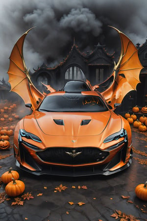 High definition photorealistic render of an orange luxury super car, The car must be in front view, looking straight ahead, located in an abandoned black and orange Halloween house, with pumpkins, bats, ghosts and scarecrows, with a lot of smoke and a mystical and enigmatic place. In the background, a parametric sculpture emerges adorned with dragon wings, made of metal, marble and iridescent glass, embellished with precious diamonds. Symmetrical curves resembling a dragon's wings adorn a blacke marble background, accented with gold accents and chaotic Swarovski elements, inspired by the style of Zaha Hadid and exhibiting golden iridescence. The design is reminiscent of Tomorrowland 2022's main stage, incorporating ultra-realistic Art Deco elements and a high level of image complexity.