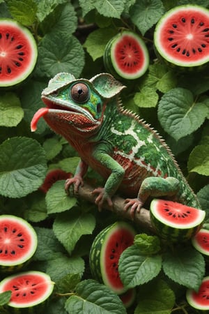 Generate an image of a chameleon with a body covered in watermelon rinds and a tongue shaped like a watermelon slice. The chameleon camouflages among the leaves of a watermelon plant in a sunny garden. Use green and red colors to highlight the camouflage ability and peculiarity of the watermelon-chameleon.