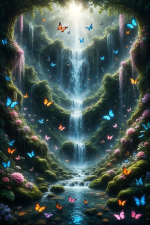 A crystalline waterfall flowing in intertwined ribbons, surrounded by butterflies dancing to the rhythm of love and friendship.