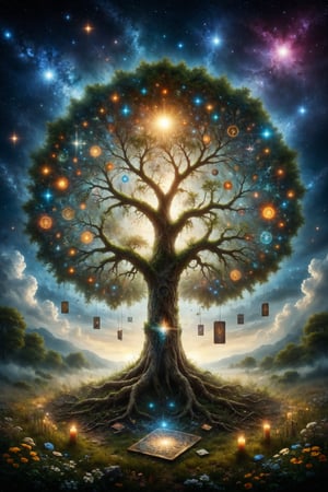 A tree of life rises in a field of stars, with tarot symbols glowing on its leaves, while a solitary figure sits at its roots, symbolizing the union between heaven, earth, and the human soul.