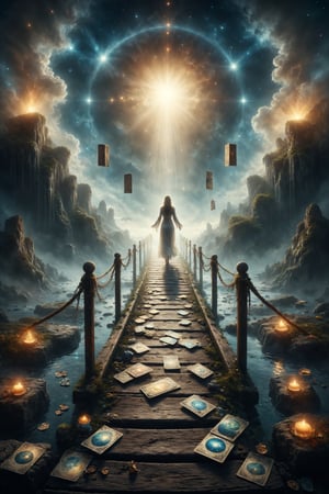 A bridge of light connects two ethereal worlds, with tarot cards floating along its pathway, while a solitary figure crosses the bridge into the unknown, symbolizing the journey toward self-discovery.