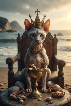 Creates an image of a female Sphynx cat wearing a crown on a throne, and holding in her hand a large gold metal cup decorated with two crab claws located on the seashore.