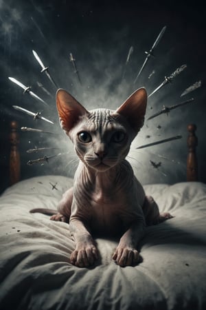 Generate an image of a Sphynx cat awake in bed, with a distressed expression and nine swords floating in the air, symbolizing anxiety, fears, and nocturnal worries.