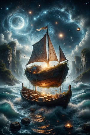 A sea of stars flows around a floating island, with tarot cards emerging from the waves like sparks of light, while an ethereal figure sails in a crystal boat, symbolizing the journey through the cosmos and spiritual discovery.