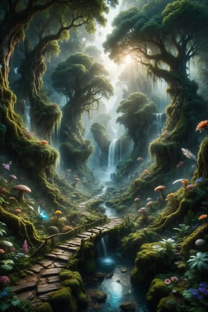 A winding path makes its way through a lush enchanted forest, surrounded by ancient trees and mysterious creatures, while crystal-clear waterfalls cascade from the top of glassy cliffs, with feathers and flowers fantasy