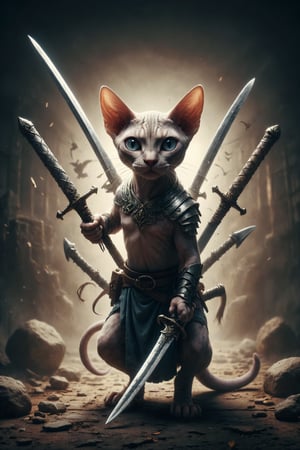 Create an image of a Sphynx cat stealing 5 swords and two more swords behind him