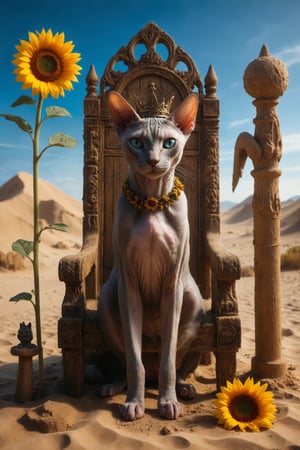 Create an image of a female Sphynx queen cat wearing a crown and holding a wooden staff, and on the other side a sunflower, on a carved wooden throne, and at her feet there must be a black cat, everything must be located in a desert of sand and sand pyramids and blue sky