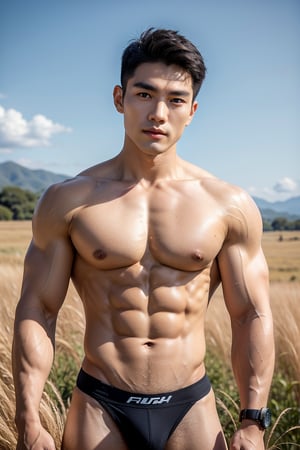 A stunning young man with distinct Japanese-Korean features stands proudly in a vast Savannah, his chiseled physique and six-pack abs accentuated against the endless blue sky. His cheeky expression shines under warm sunlight, emphasizing his striking facial features and sparkling sapphire-like eyes. Framed by the lush golden grass, he poses confidently, his toned upper body details highlighted from an eye-level perspective.