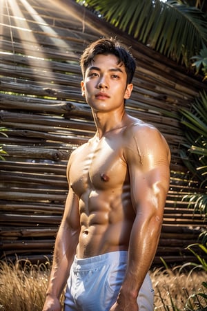 A dashing young man with striking Japanese-Korean features, posing in a sun-kissed Savannah. His strong physique and defined abs are showcased against the vast expanse of golden grass. The blue sky horizon stretches endlessly behind him. His cheeky expression is illuminated by the warm sunlight, highlighting his plump lips and sparkling eyes that shine like sapphires. Shot from an eye-level perspective, the wide-angle framing emphasizes the upper body's definition and accentuates the strict features of his face, rendering each detail with lifelike precision.