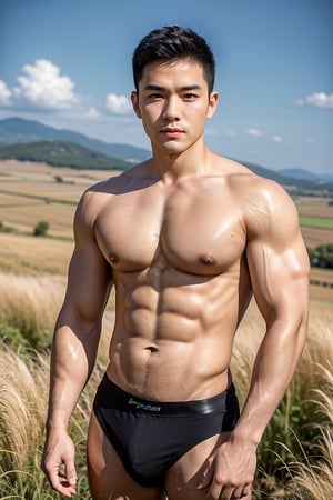 Male focus, only focus, Epic mood and tone, A dashing Taiwanese man with striking Japanese-Korean features, posing in a sun-kissed Savannah. His strong physique and defined abs are showcased against the vast expanse of golden grass. The blue sky horizon stretches endlessly behind him. His cheeky expression is illuminated by the warm sunlight, highlighting his plump lips and sparkling eyes that shine like sapphires. Shot from an eye-level perspective, the wide-angle framing emphasizes the upper body's definition and accentuates the strict features of his face, rendering each detail with lifelike precision.