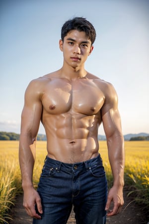 Handsome young man with Korean features, 29 years old, posing in a vast golden-yellow grassy field against an endless blue sky horizon. He stands strong, showcasing his toned physique and six-pack abs. His cheeky, mischievous expression is lit by the alluring sunlight, highlighting his healthy lips. Sony A7III captures the scene with precision using the  TTArtisan 100mm F2.8  Soft Bokeh Lens Full Frame ,Wide-Angle,Eye level perspective,emphasizing upper body details and strict facial features,high-impact strictly face detail, lifelike person, extremely realistic