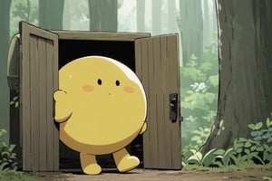onsokumaru, 1gir ,yellow round character, in the forest, open doors, 
