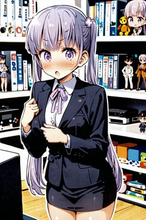 (masterpiece), score_9,
suzukazek aoba, 1girl, long hair, twintails, purple hiar, purple eyes, hair ornament,

 looking at viewer, blush, V-sharped eyebrows, :o, 

 formal,  jaket, skirt suit , neck ribbon, 

standing, make a lumps in front of own chest,

in the office , display shelves, fancy items, home game consoles, game pads, puzzles, toys, fancy toys, stuffed toys, anime character figures,

shot from front , cowboy shot,

suzukaze aoba,