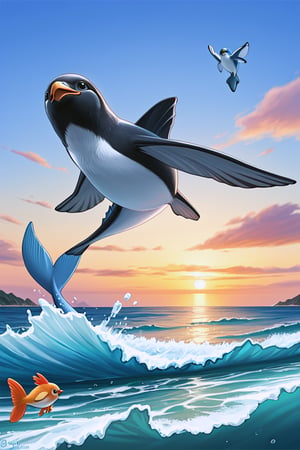 1 animal , penguin,

Puffin, like a penguin, fish fins, fish tail, chicken legs, stubby, happily flying, ocean, iceberg, Antarctica, sunny sky, dynamic action,

focus animal,