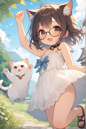 beautiful details, uniform 8K wallpaper, high resolution, exquisite texture in every detail,  beautiful illustration,manga touch, good contrast

1girl, (((very young girl))), shyness,
summer, blue sky, japanese countryside, in lakeside,

white Summer-like camisole dress , blue line ribbon, lots of lace,

((nekomimi)),Cat ears the same color as her hair,
short hair, open mouth, (glasses), round eyes, cat collar,  bell, jingle bell, neck bell, black hair, smile, :3,

in the park, 
play with cats, looking at cats, arms up, arm in cat, hand on cat, 
frying,  jumping, fluttering in the wind,


shot angle is slightly tilted, adding dynamic movement to the shot, shot from side and below,

nekomimimeganekao,Deformed