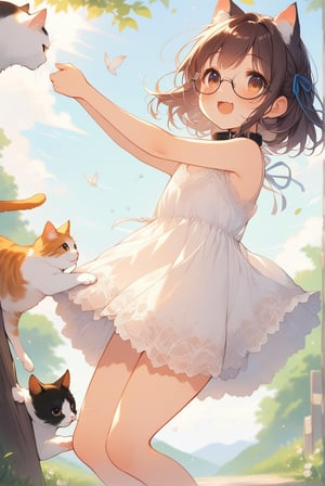 beautiful details, uniform 8K wallpaper, high resolution, exquisite texture in every detail,  beautiful illustration,manga touch

1girl, (((very young girl))), shyness,
summer, japanese countryside, in lakeside,
white Summer-like camisole dress , blue line ribbon, lots of lace,

((nekomimi)),Cat ears the same color as her hair,
short hair, open mouth, (glasses), round eyes, cat collar, , black hair, smile, :3,

in the park, play with cats,
frying,  jumping, fluttering in the wind,

shot angle is slightly tilted, adding dynamic movement to the shot, shot from side and below,
looking at cats, arms up, arm in cat, hand on cat, 
dynamic action,

nekomimimeganekao,Deformed