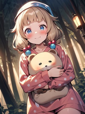 best quality,
sakura nene, 1girl, looking at viewer, blush, smile, short hair, , bangs, blue eyes, blonde hair, brown hair, shirt, hair ornament, twintails, , collarbone,  blunt bangs,  hair bobbles , 

anxiety face, wavey mouth, close mouth, sad eyebrows,

in the forest, Pajamas, nightcap, holding the arm of a stuffed animal, hugging a pillow, scared, dark forest, some balls of light floating

waking, looking at another,

underlighting,

shot angle is slightly tilted, shot from below, cowboy shot,
