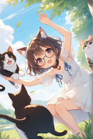 beautiful details, uniform 8K wallpaper, high resolution, exquisite texture in every detail,  beautiful illustration,manga touch, good contrast

1girl, (((very young girl))), shyness,
summer, blue sky, japanese countryside, in lakeside,

white Summer-like camisole dress , blue line ribbon, lots of lace,

((nekomimi)),Cat ears the same color as her hair,
short hair, open mouth, (glasses), round eyes, cat collar,  bell, jingle bell, neck bell, black hair, smile, :3,

in the park, 
play with cats, looking at cats, arms up, arm in cat, hand on cat, 
frying,  jumping, fluttering in the wind,
dynamic action,

shot angle is slightly tilted, adding dynamic movement to the shot, shot from side and below,

nekomimimeganekao,Deformed