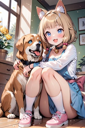 (masterpiece), sakura nene, 1girl, looking at viewer, blush, smile, short hair, , (bangs), blue eyes, blonde hair, brown hair, shirt, hair ornament, low twintails, , collarbone, :d, blunt bangs, hair bobbles ,

 , animal, white flower, shirt, animal ears, flower, collared shirt, , socks, , white socks, gloves, , apron,  sitting, , blush, ,tail, yellow flower, pink footwear, white shirt, animal ear fluff, , bird, kneehighs,, full body, skirt, rose, potted plant, , watering can, , shoes, blue skirt,

cat collar, bell, jingle bell, neck bell,

smile, :3, V-shraped eyebrows,

drawers,
sit on the floor, open legs, knees away,

sitting cross-legged, korgi dog, dog between legs,
hug the dog, play with dog,
dog and girl facing each other, 

looking at another, shot from side and below,


score_9,sakura nene,score_8_up,Details,mona,Detailed Masterpiece,nekomimimeganekao