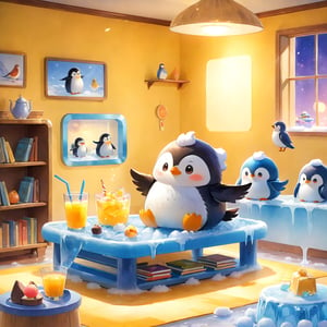 masterpiece, bestquality, illustration, watercolor,



animals , (fluffy:1.5),
2 fluffy penguin, talking, in the ice room, ice table,
sit on ice chairs, stand by the table,

Warm color lighting in the room,

yellow table cloth, juice, straw, sweets on a plate, pot, tea cup,

Books, bookshelf, lamp, basket, small shelf, stuffed fish,

bird wings, No arms, use wings like arms,
cartoon, cute, fancy, putite, 

focus animal,
Xxmix_Catecat,Anime,hentai,More Reasonable Details