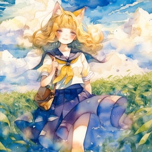 ,watercolor \(medium\),masterpiece, best quality, , girl ,belly button
,Black short-sleeved sailor suit with a yellow lined collar and short hem, black skirt,
yellow tie fluttering in the wind,
,nekomimi ,cat ears,
, , straight Long hair fluttering in the wind,, smile, open eyes, 
,thin student leather bag
, Japanese countryside rice field road ,
,Cumulonimbus clouds in a sunny summer sky
, ,walking ,scenery