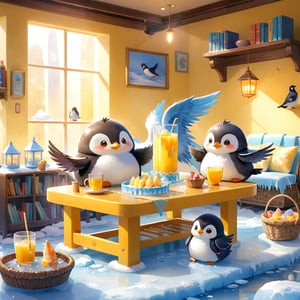 masterpiece, bestquality, illustration, watercolor,



animals , (fluffy:1.5),
2 fluffy penguin, talking, in the ice room, ice table,
sit on ice chairs, 

Warm color lighting in the room,

yellow table cloth, juice, straw, sweets on a plate, pot, tea cup,

Books, bookshelf, lamp, basket, small shelf, stuffed fish,

bird wings, No arms, use wings like arms,
cartoon, cute, fancy, putite, 

focus animal,
Xxmix_Catecat,Anime,hentai,More Reasonable Details