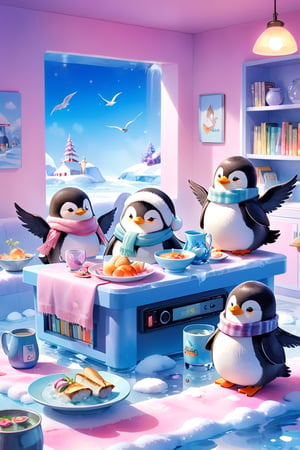 masterpiece, bestquality, illustration, watercolor,

animals , (fluffy:1.5),
4 fluffy penguins, scarfs, penguins wearing a scarf, talking, in the ice room, ice low table,
stand next to the table,

cool color lighting in the room,

pink table cloth,  plate, water pot, glass,Four mugs, 4 plate with soup, a pot of soup, a salad bowl, a basket with bread,

Books, bookshelf, lamp, basket, small shelf, stuffed fish, radio cassette player,

black Arms that look like bird wings, 
cartoon, cute, fancy, putite, 

focus animal,
Xxmix_Catecat,Anime,hentai,More Reasonable Details