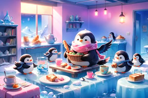 masterpiece, bestquality, illustration, watercolor,

animals , (fluffy:1.5),
4 fluffy penguins, scarfs, penguins wearing a scarf, talking, Eating bread, drinking soup with a spoon, 
in the ice room, ice low table,
stand next to the table,

cool color lighting in the room,

pink table cloth,  plate, water pot, glass,Four mugs, 4 plate with soup, a pot of soup, a salad bowl, a basket with bread,

Books, bookshelf, lamp, basket, small shelf, stuffed fish, radio cassette player,

black Arms that look like bird wings, 
cartoon, cute, fancy, putite, 

focus animal,
Xxmix_Catecat,Anime,hentai,More Reasonable Details