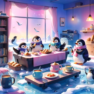 masterpiece, bestquality, illustration, watercolor,

animals , (fluffy:1.5),
4 fluffy penguins, scarfs, penguins wearing a scarf, talking, Eating bread, drinking soup with a spoon, 
in the ice room, ice low table,
stand next to the table,

cool color lighting in the room,

pink table cloth,  plate, water pot, glass,Four mugs, 4 plate with soup, a pot of soup, a salad bowl, a basket with bread,

Books, bookshelf, lamp, basket, small shelf, stuffed fish, radio cassette player,

black Arms that look like bird wings, 
cartoon, cute, fancy, putite, 

focus animal,
Xxmix_Catecat,Anime,hentai,More Reasonable Details